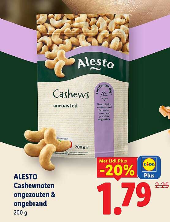 ALESTO Cashewnoten ongezouten & ongebrand 200 g Met Lidl Plus -20%