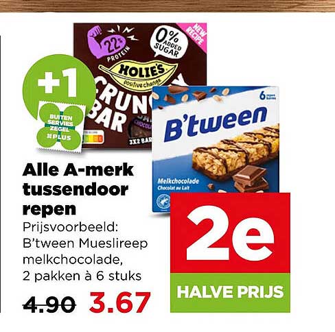 Alle A-merk tussendoor repen 2e halve prijs