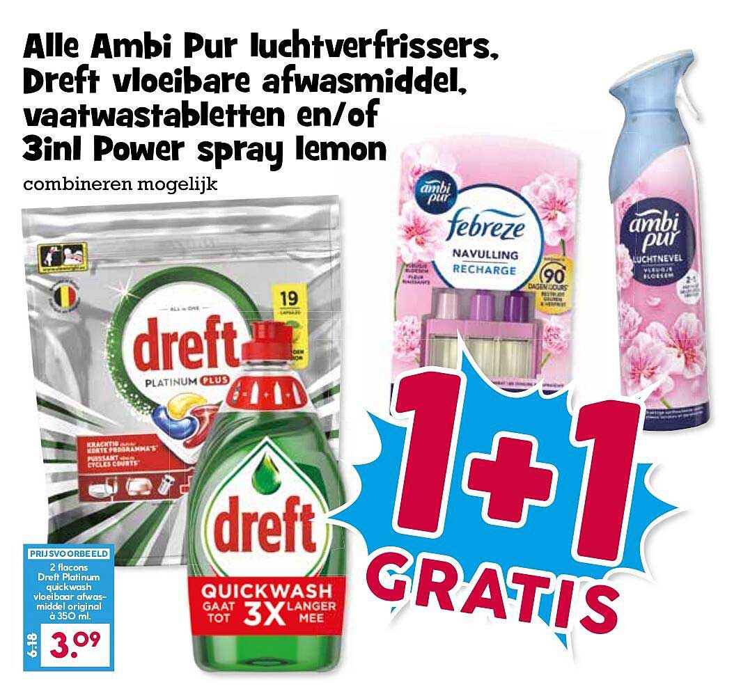 Alle Ambi Pur luchtverfrissers, Dreft vloeibare afwasmiddel, vaatwastabletten en/of 3in1 Power spray lemon combineren mogelijk 1+1 GRATIS