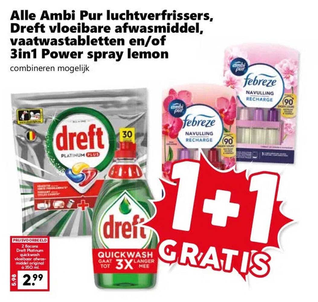 Alle Ambi Pur luchtverfrissers, Dreft vloeibare afwasmiddel, vaatwastabletten en/of 3in1 Power spray lemon combineren mogelijk 1+1 gratis