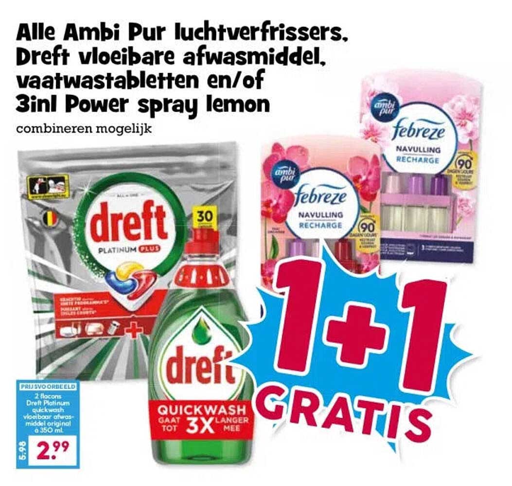 Alle Ambi Pur luchtverfrissers, Dreft vloeibare afwasmiddel, vaatwastabletten en/of 3in1 Power spray lemon combineren mogelijk 1+1 gratis