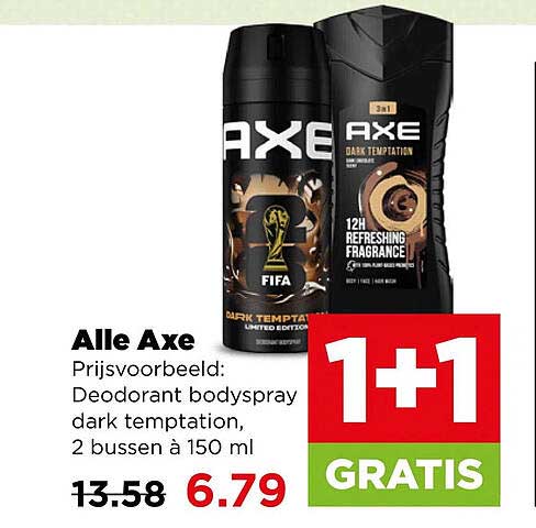 Alle Axe Prijsvoorbeeld: Deodorant bodyspray dark temptation, 2 bussen à 150 ml 1+1 GRATIS