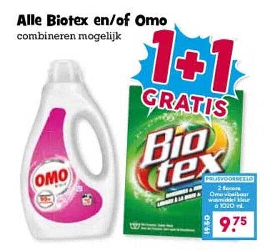 Alle Biotex en/of Omo combineren mogelijk 1+1 gratis