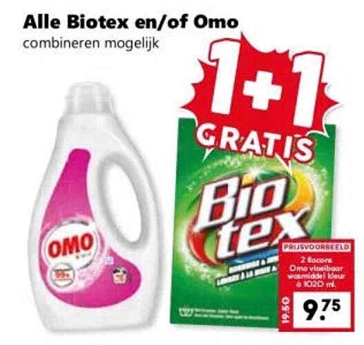 Alle Biotex en/of Omo combineren mogelijk 1+1 gratis