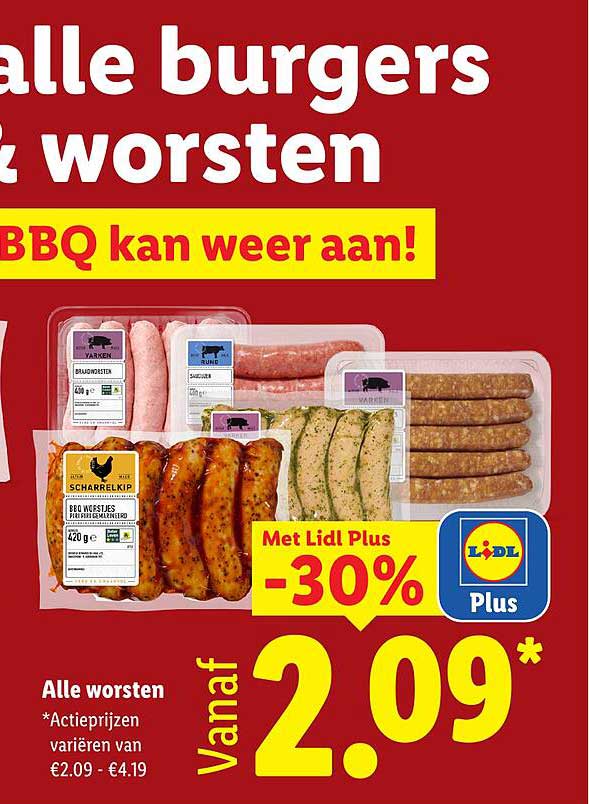 Alle burgers & worsten BBQ kan weer aan! Met Lidl Plus -30% vanaf 2.09*