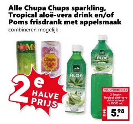 Alle Chupa Chups sparkling, Tropical aloë-vera drink en/of Poms frisdrank met appelsmaak combineren mogelijk 2e halve prijs
