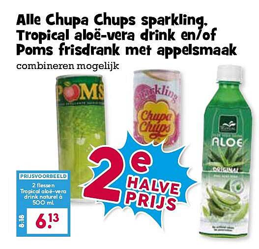 Alle Chupa Chups sparkling, Tropical aloë-vera drink en/of Poms frisdrank met appelsmaak combineren mogelijk 2e halve prijs