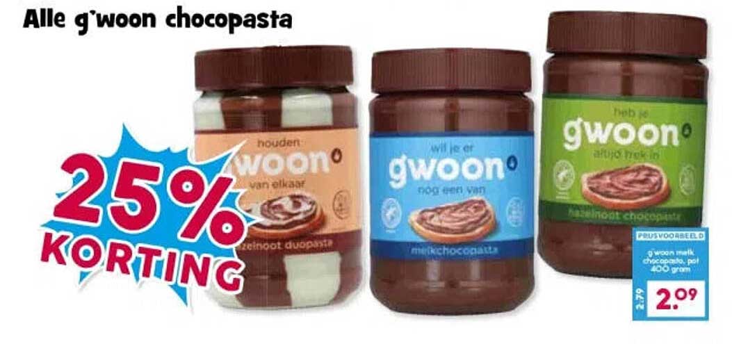 Alle g'woon chocopasta 25% korting