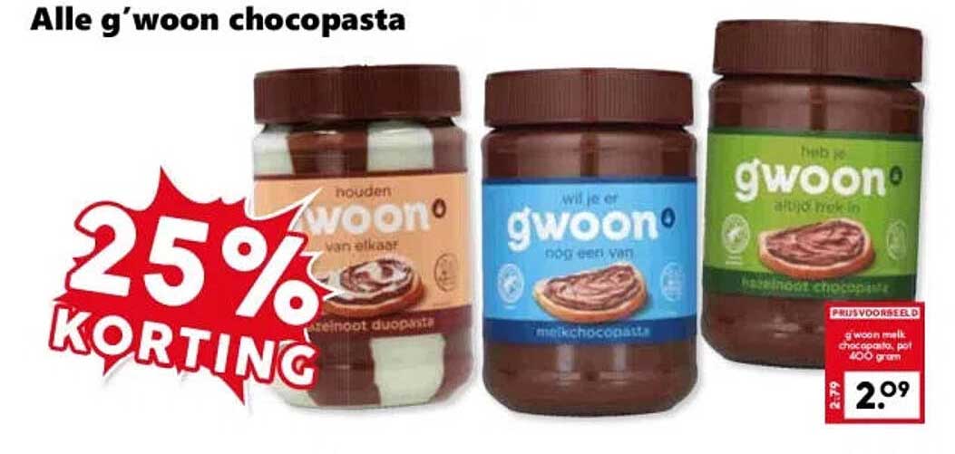 Alle g'woon chocopasta 25% korting