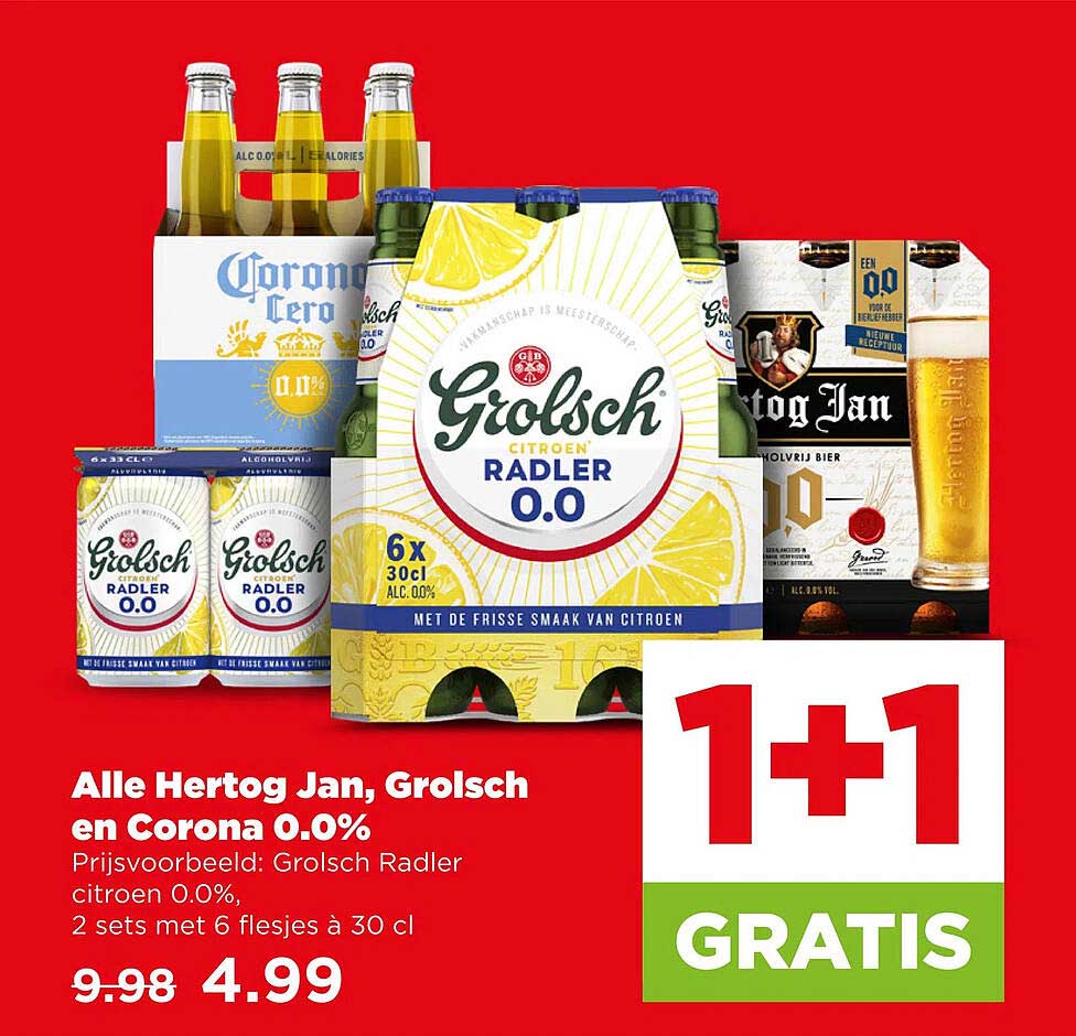 Alle Hertog Jan, Grolsch en Corona 0.0% 1+1 gratis