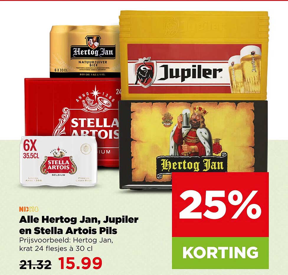 Alle Hertog Jan, Jupiler en Stella Artois Pils 25% KORTING