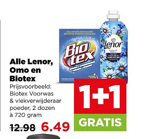 Alle Lenor, Omo en Biotex 1+1 gratis