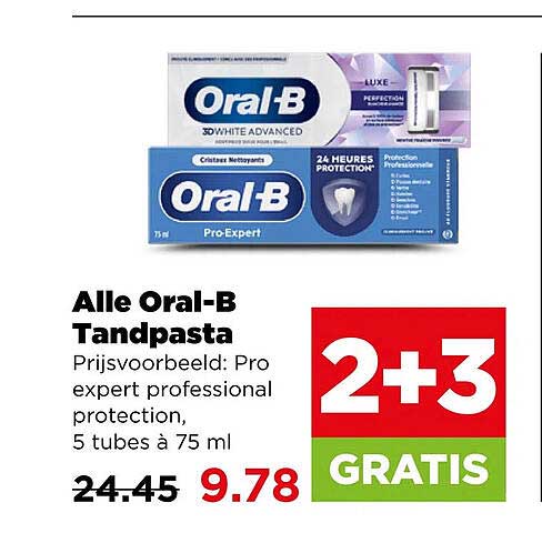 Alle Oral-B Tandpasta 2+3 GRATIS