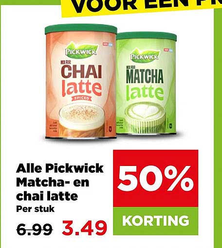 Alle Pickwick Matcha- en chai latte per stuk 50% korting