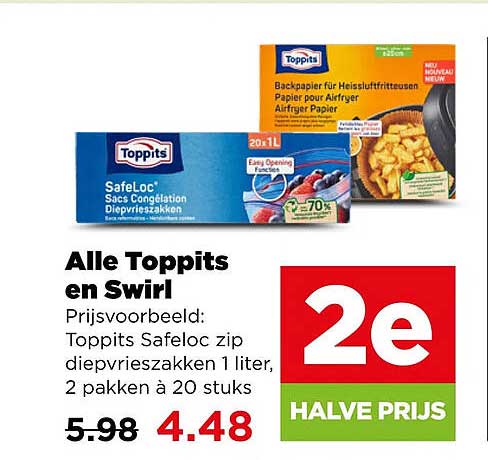 Alle Toppits en Swirl Prijsvoorbeeld: Toppits Safeloc zip diepvrieszakken 1 liter, 2 pakken à 20 stuks 2e halve prijs
