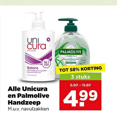 Alle Unicura en Palmolive Handzeep M.u.v. navulzakken TOT 58% KORTING