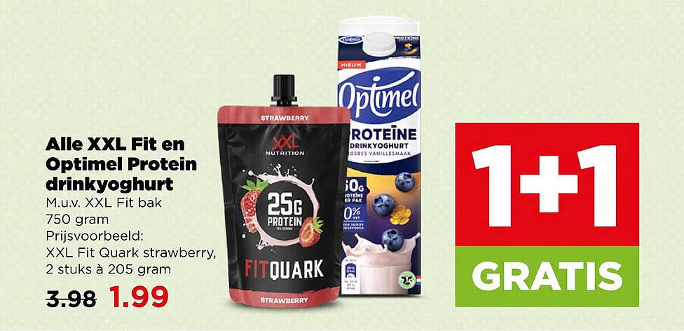 Alle XXL Fit en Optimel Proteïn drinkyoghurt 1+1 GRATIS