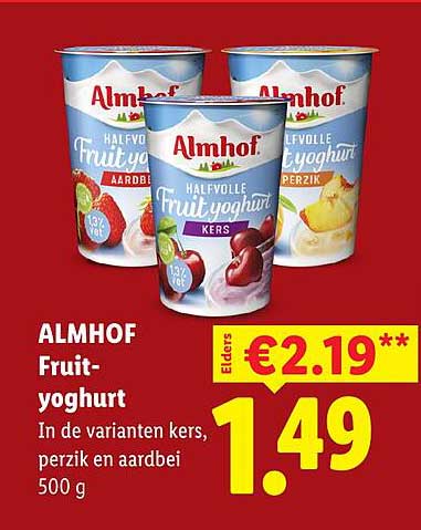 ALMHOF Fruit-yoghurt In de varianten kers, perzik en aardbei 500 g