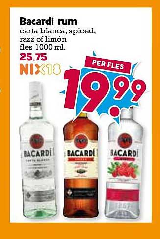 Bacardi rum carta blanca, spiced, razz of limón fles 1000 ml. NIX18 per fles