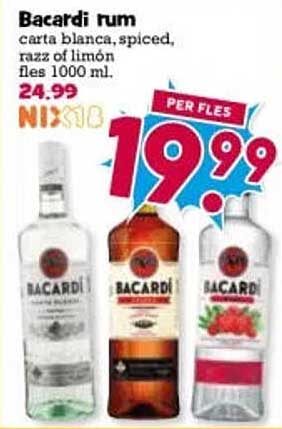 Bacardi rum carta blanca, spiced, razz of limón fles 1000 ml. PER FLES