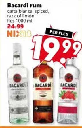 Bacardi rum carta blanca, spiced, razz of limón fles 1000 ml. PER FLES