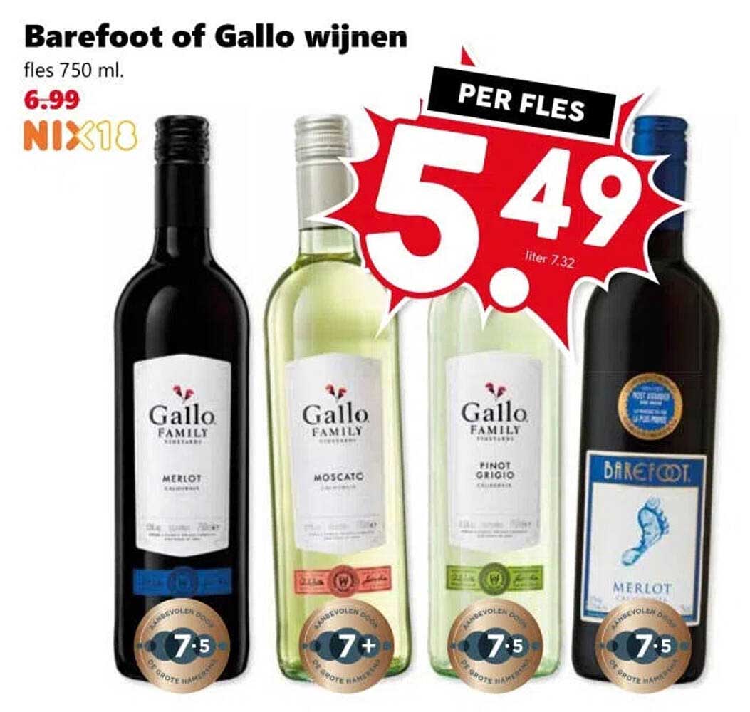 Barefoot of Gallo wijnen fles 750 ml. PER FLES