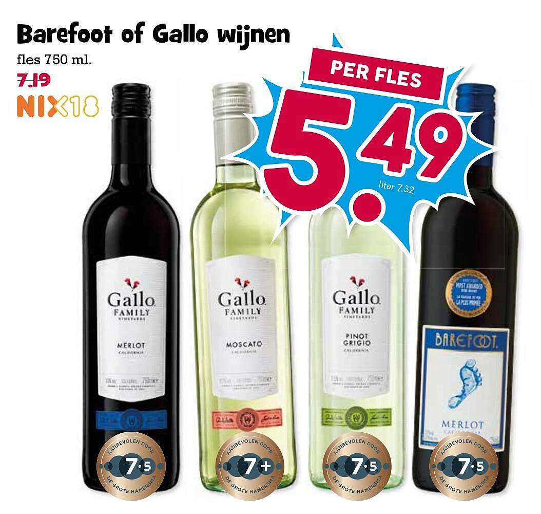 Barefoot of Gallo wijnen fles 750 ml. PER FLES