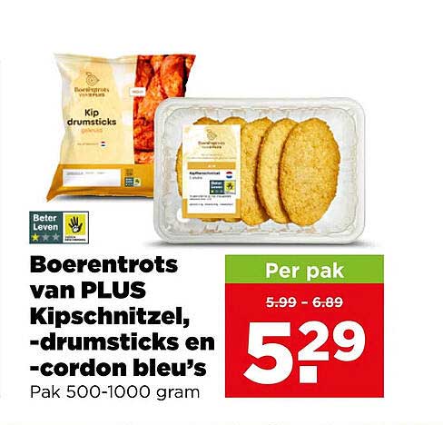 Boerentrots van PLUS Kipschnitzel, -drumsticks en -cordon bleu’s