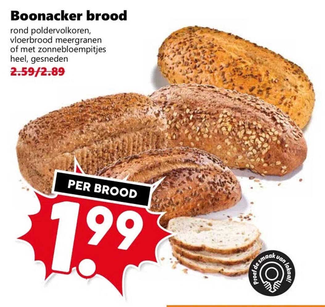 Boonacker brood rond poldervolkoren, vloerbrood meergranen of met zonnebloempitjes heel, gesneden