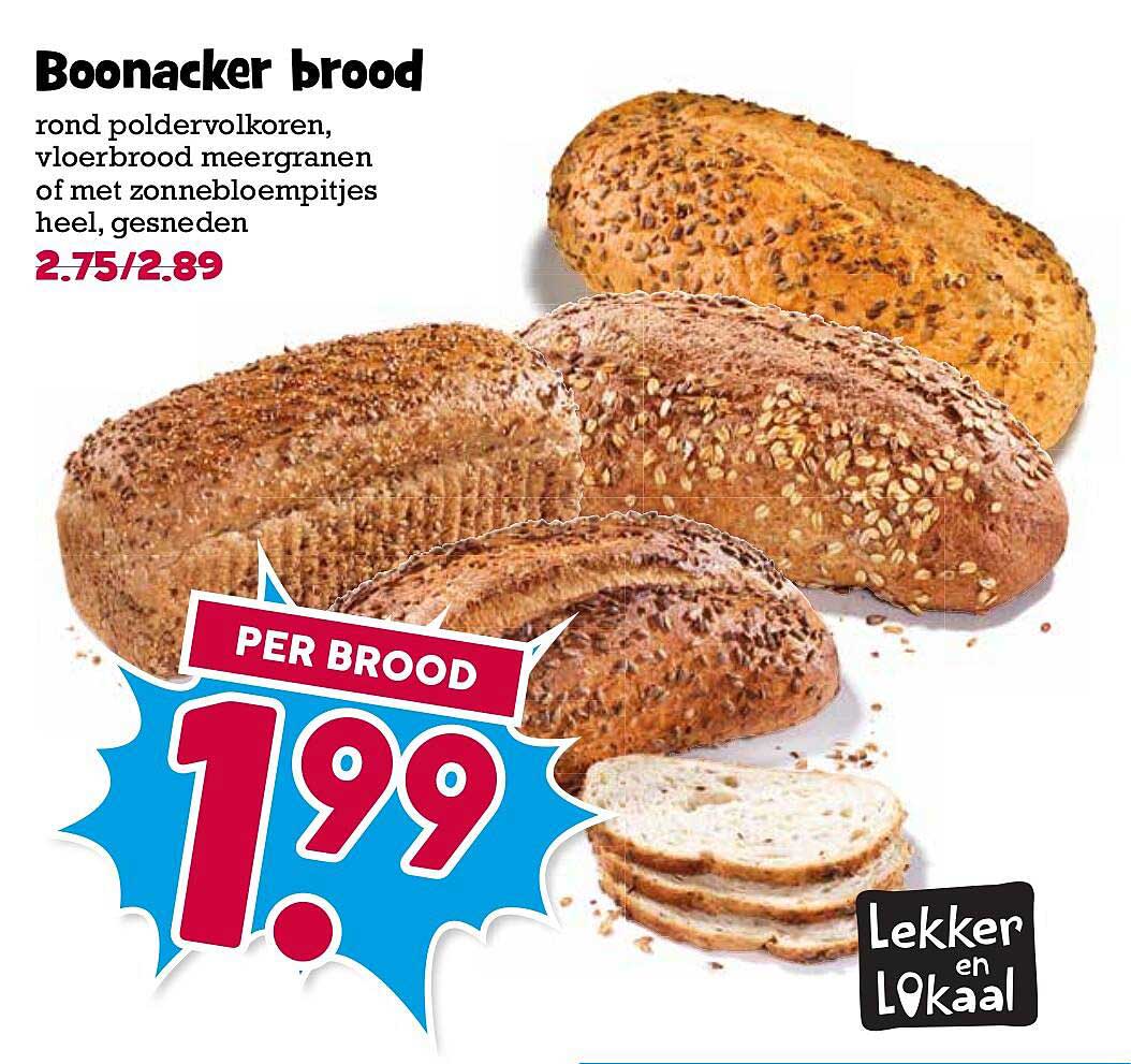 Boonacker brood rond poldervolkoren, vloerbrood meergranen of met zonnebloempitjes heel, gesneden