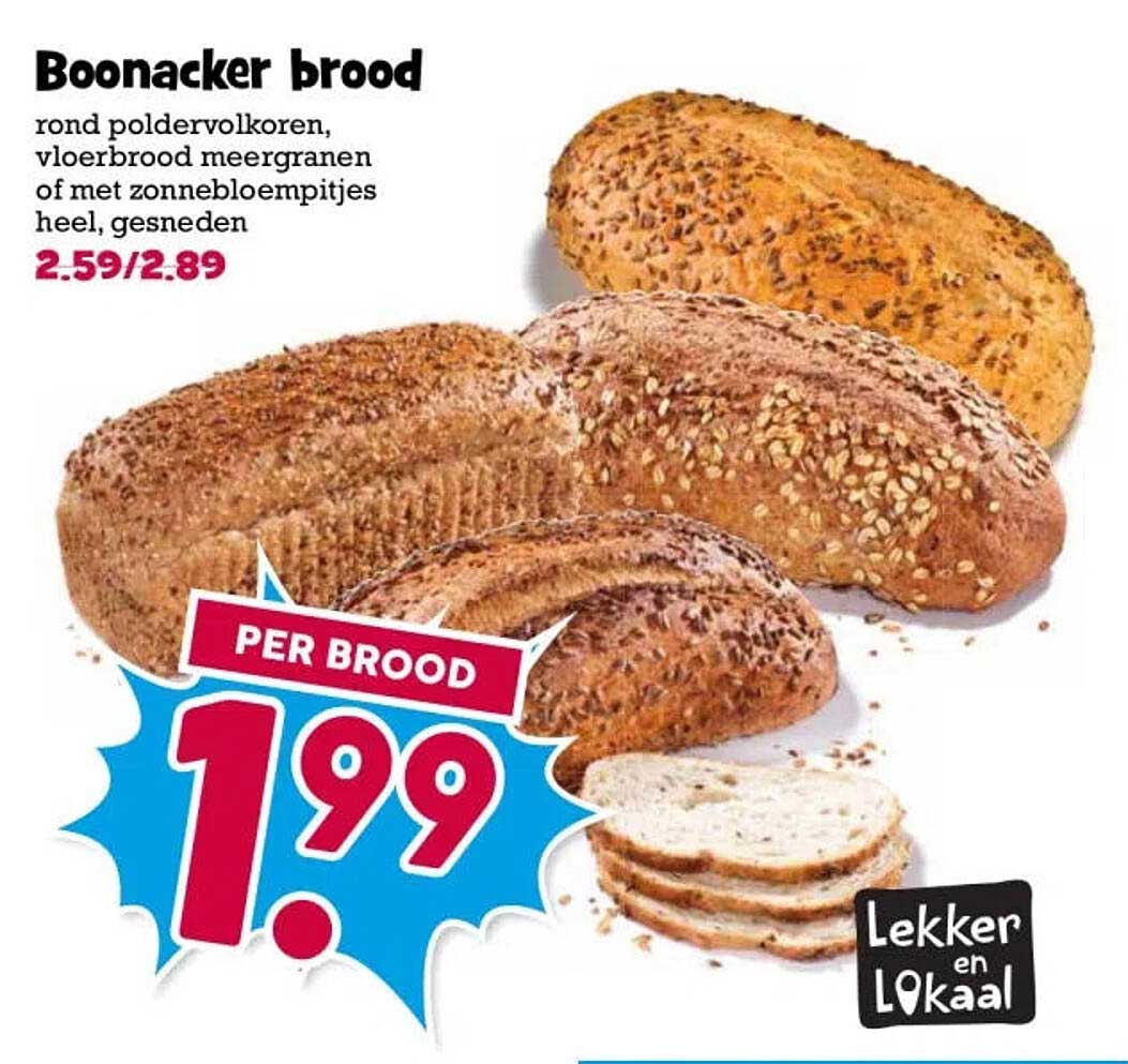 Boonacker brood rond poldervolkoren, vloerbrood meergranen of met zonnebloempitjes heel, gesneden
