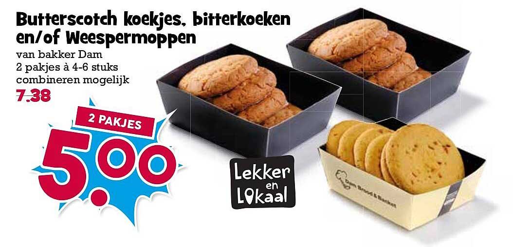 Butterscotch koekjes, bitterkoeken en/of Weespermoppen van bakker Dam 2 pakjes à 4-6 stuks combineren mogelijk