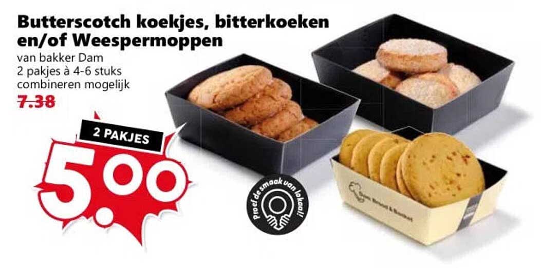 Butterscotch koekjes, bitterkoeken en/of Weespermoppen van bakker Dam 2 pakjes à 4-6 stuks combineren mogelijk