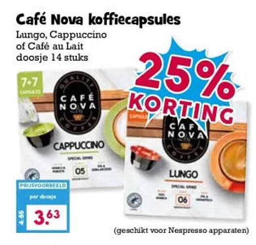 Café Nova koffiecapsules Lungo, Cappuccino of Café au Lait doosje 14 stuks 25% korting