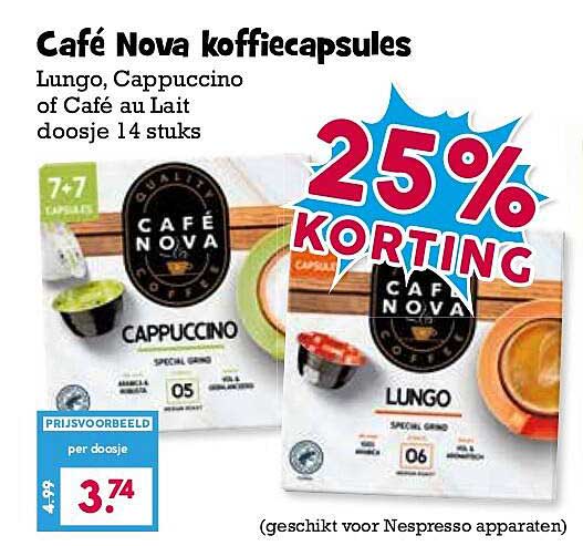 Café Nova koffiecapsules Lungo, Cappuccino of Café au Lait doosje 14 stuks 25% KORTING