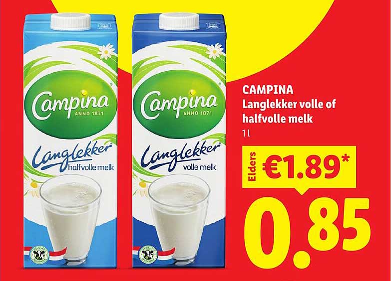 CAMPINA Langlekker volle of halfvolle melk 1 l