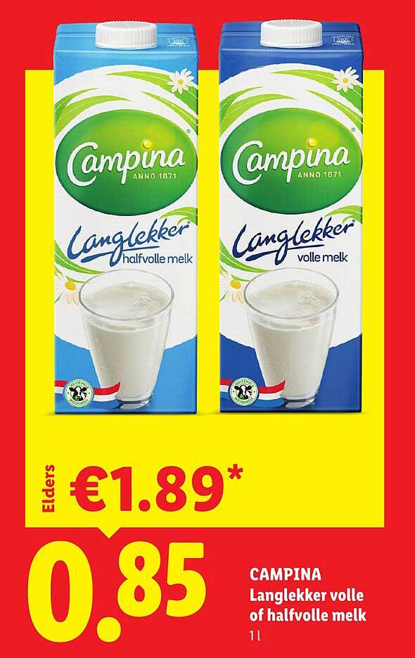 CAMPINA Langlekker volle of halfvolle melk 1 l