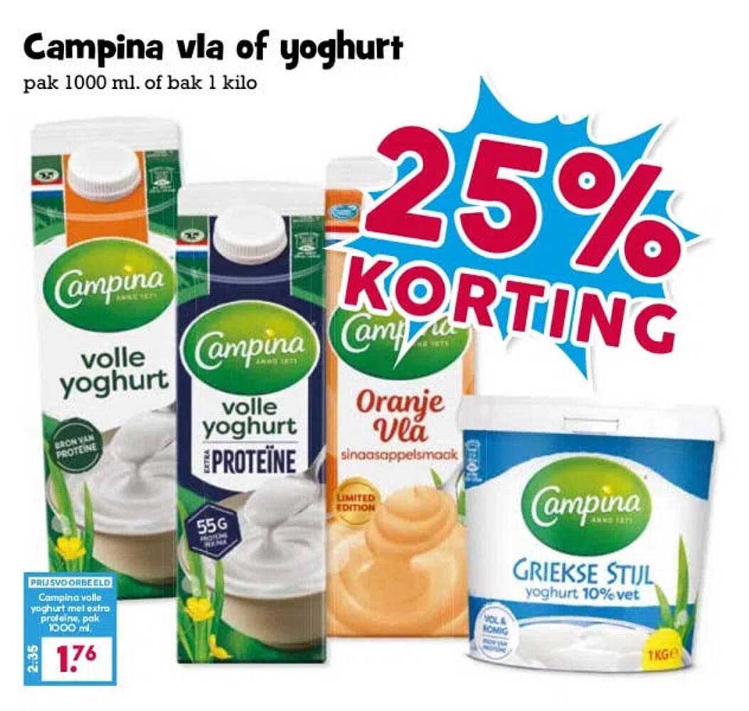 Campina vla of yoghurt pak 1000 ml. of bak 1 kilo 25% KORTING