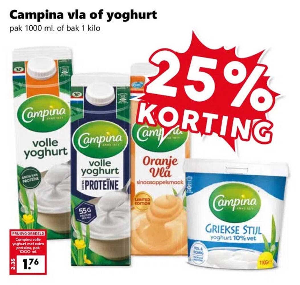 Campina vla of yoghurt pak 1000 ml. of bak 1 kilo 25% KORTING