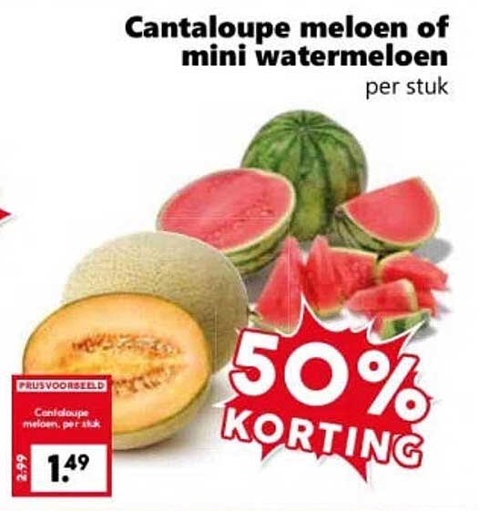Cantaloupe meloen of mini watermeloen per stuk 50% korting