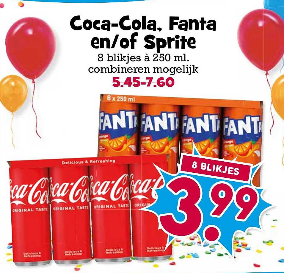 Coca-Cola, Fanta en/of Sprite 8 blikjes à 250 ml, combineren mogelijk