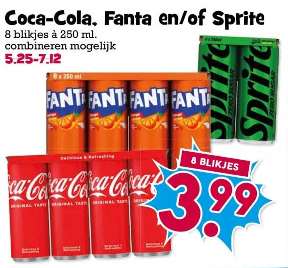 Coca-Cola, Fanta en/of Sprite 8 blikjes à 250 ml, combineren mogelijk