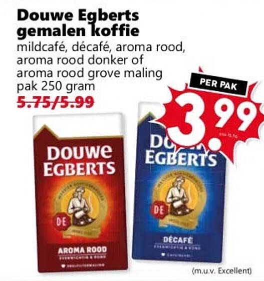 Douwe Egberts gemalen koffie mildcafé, décafé, aroma rood, aroma rood donker of aroma rood grove maling pak 250 gram