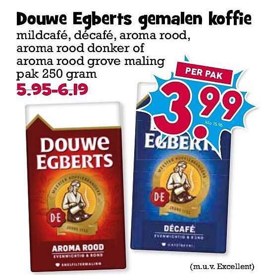 Douwe Egberts gemalen koffie mildcafé, décafé, aroma rood, aroma rood donker of aroma rood grove maling pak 250 gram