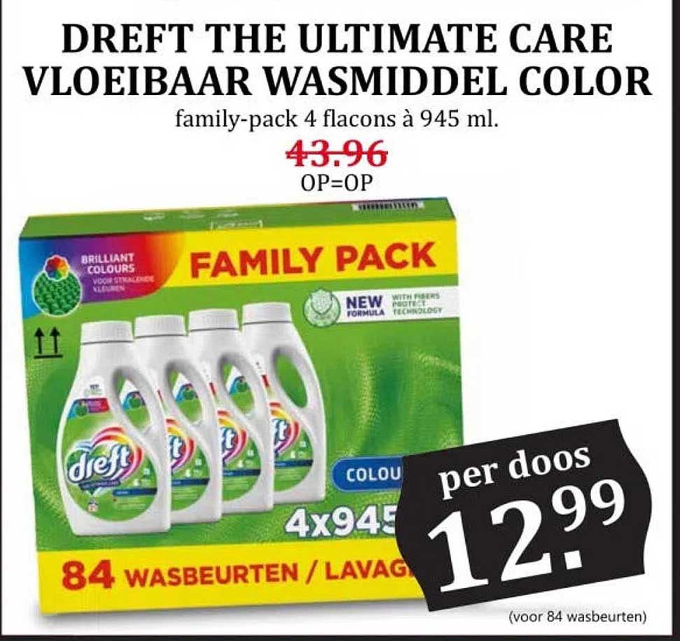 DREFT THE ULTIMATE CARE VLOEIBAAR WASMIDDEL COLOR family-pack 4 flacons à 945 ml.