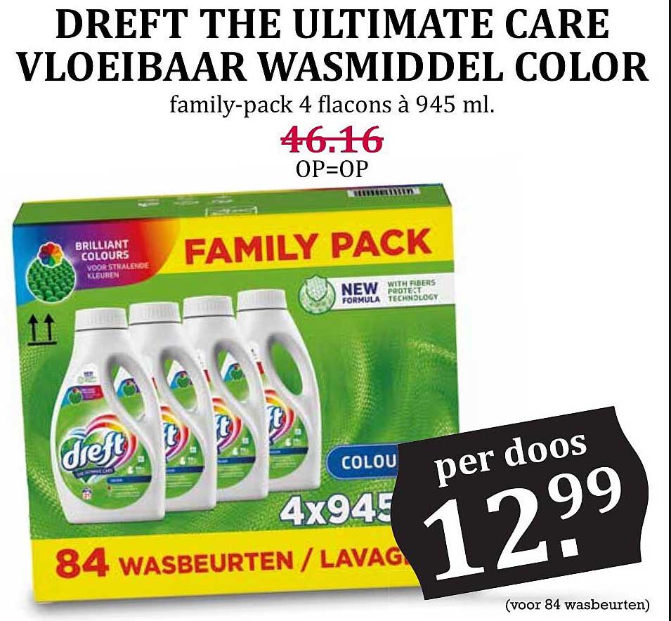 DREFT THE ULTIMATE CARE VLOEIBAAR WASMIDDEL COLOR family-pack 4 flacons à 945 ml. OP=OP