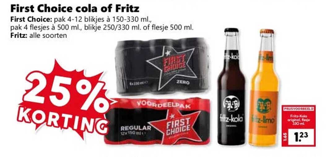 First Choice cola of Fritz 25% korting