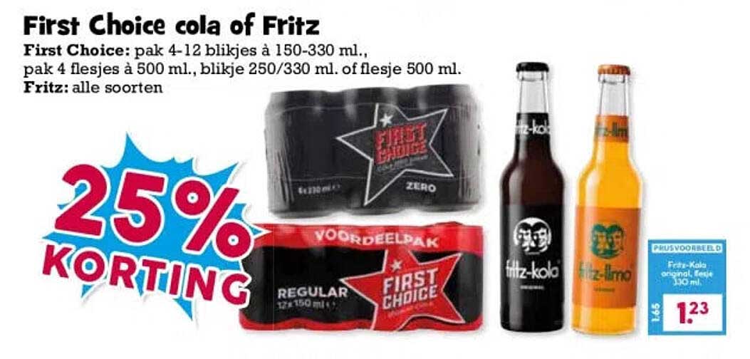 First Choice cola of Fritz 25% korting