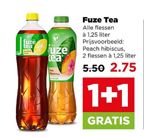 Fuze Tea Alle flessen à 1,25 liter Prijsvoorbeeld: Peach hibiscus, 2 flessen à 1,25 liter 1+1 GRATIS