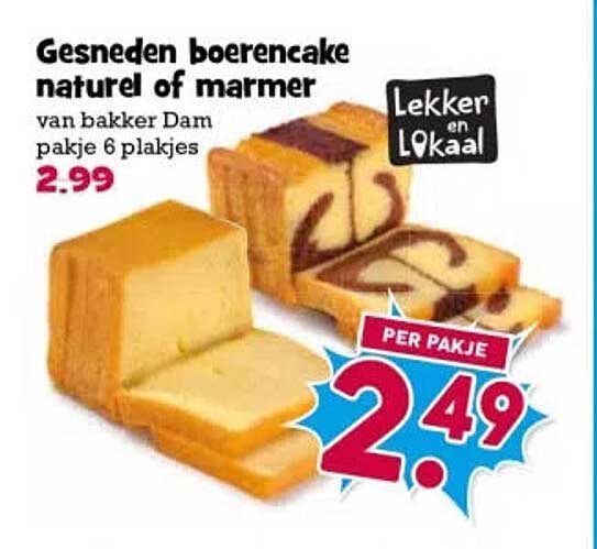 Gesneden boerencake naturel of marmer van bakker Dam pakje 6 plakjes